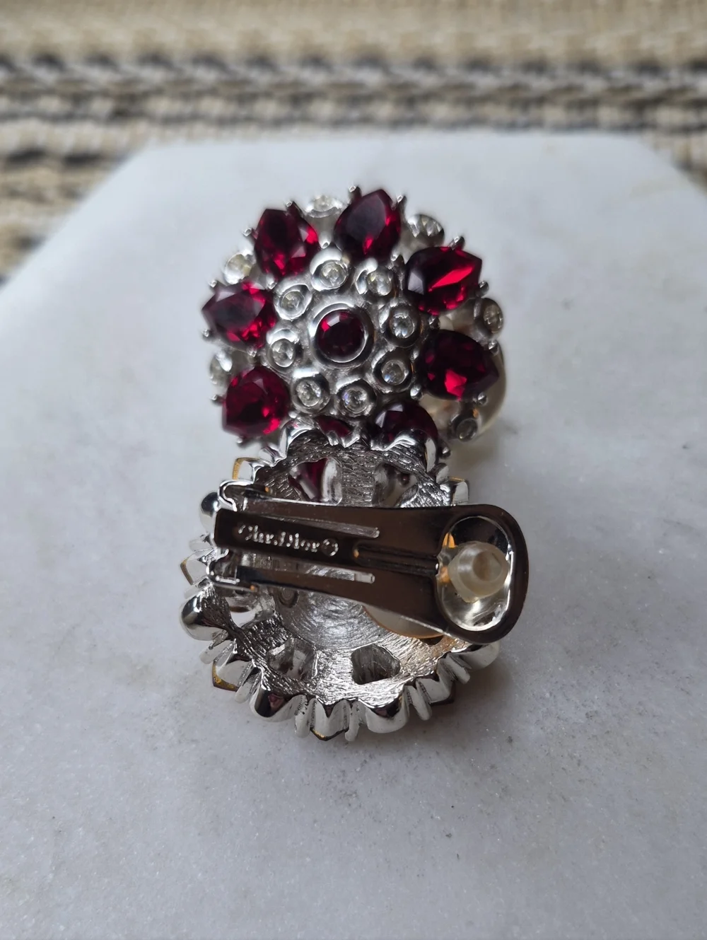 Vintage Christian Dior Large Red Rhinestone Clear Crystal Clip On Earrings - Picture 4 of 7